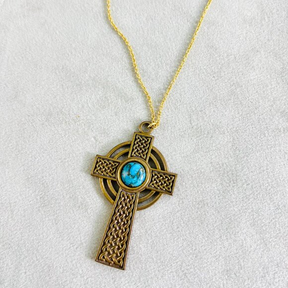 From War to Peace BRONZE Turquoise Stone CELTIC CROSS Pendant Necklace - Picture 5 of 6